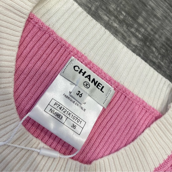 Chanel 23P Pink White CC Logo Ribbed Stretch Cotton Knit T-Shirt Top Shirt 36 - Picture 4 of 15